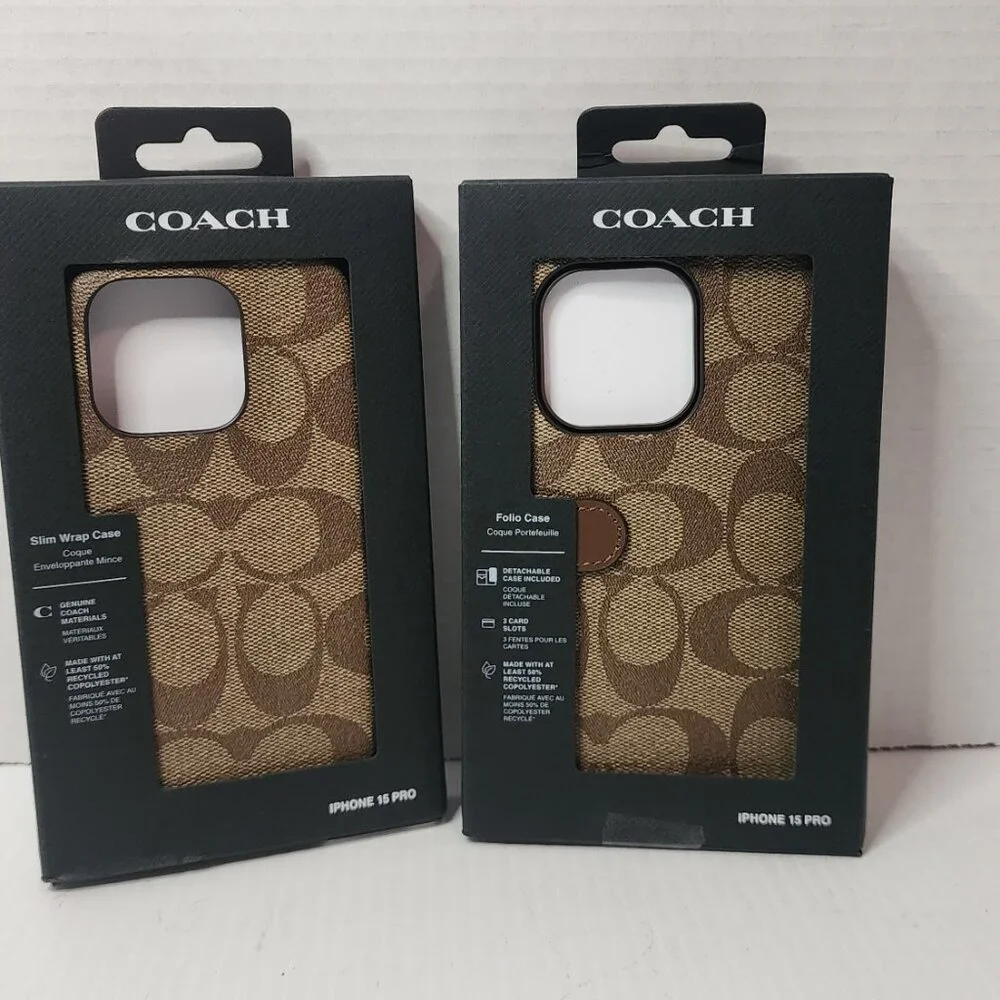 Two Coach iPhone 15 PRO Cases: Signature Folio + Slim Case Bundle Tan New ! - Picture 1 of 16
